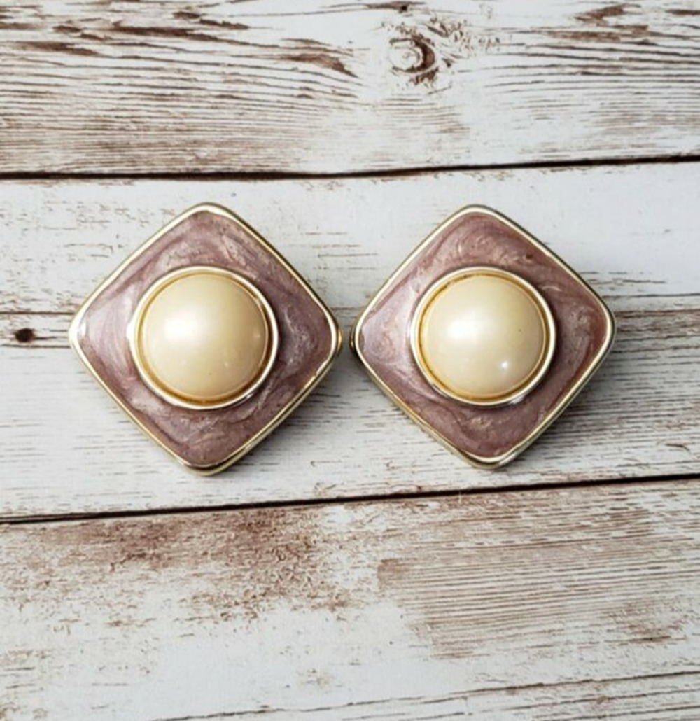 Vintage Clip On Earrings 1.75" Large Faux Pearl with Diamond Shape Halo